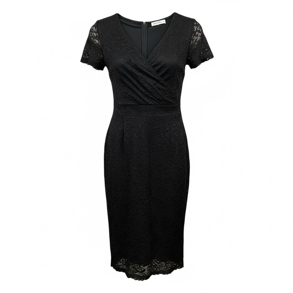 Grace Karin Black‎ Lace Midi Pencil Dress - V-Neck, Tie-Back, Size Large